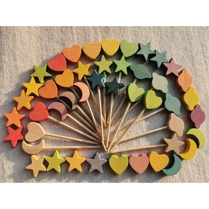 Baguette magique étoile arc-en-ciel, blocs de cœur en bois de hêtre Pastel nordique décor de clonière de lune bâton de fée jeu à extrémité ouverte