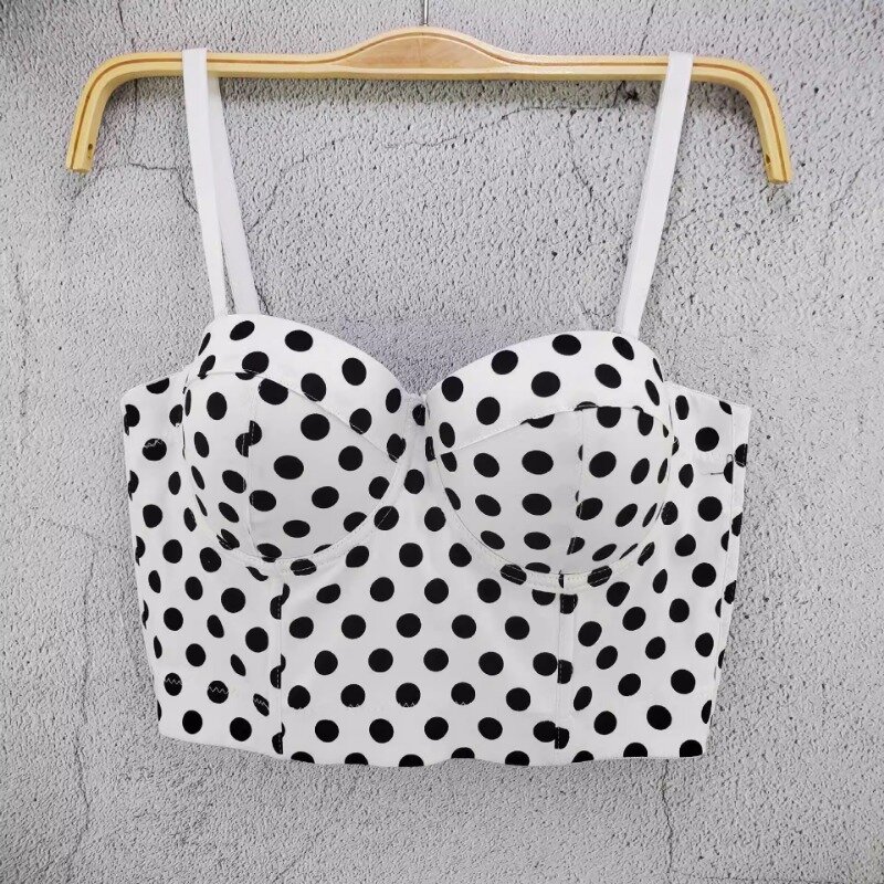 Polka dot cotton is worn outside. New style slim fitting open navel short style Camisole is fashionable in spring and summer