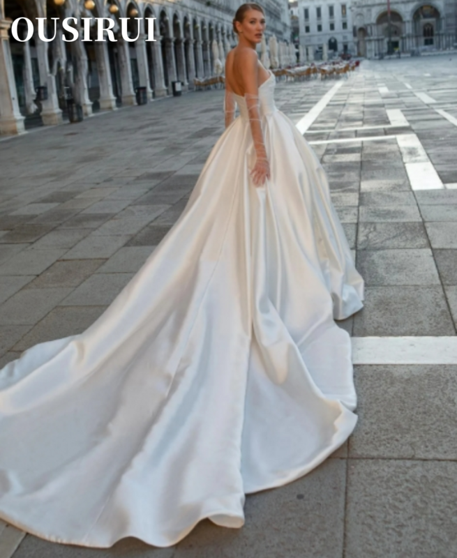 Gaun pengantin tanpa lengan bahu terbuka panjang gaya putri berbulu gaun pengantin Satin cantik Modern gaun pernikahan elegan 2024