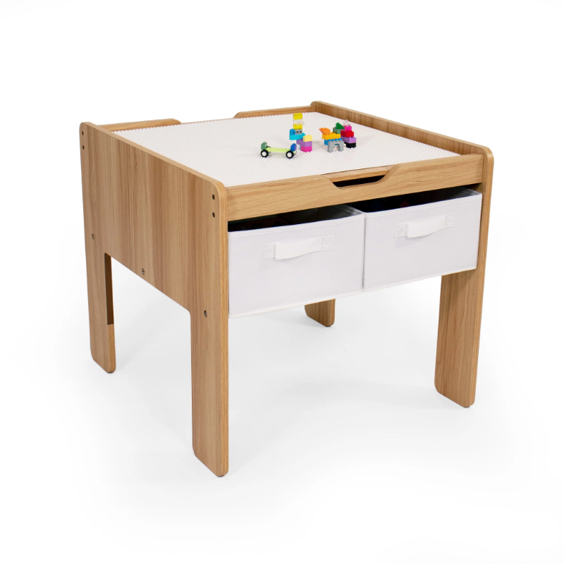 BOUSSAC Journey Kids Wood Building Block-Compatible Table With 4 Bins, White/Natural Wood