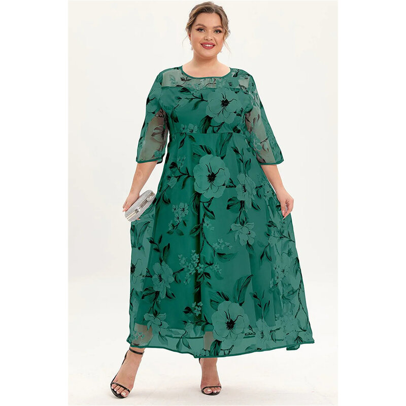 Vestido largo con estampado Floral para madre de la novia, Túnica de media manga en capas de malla, color gris y verde, talla grande