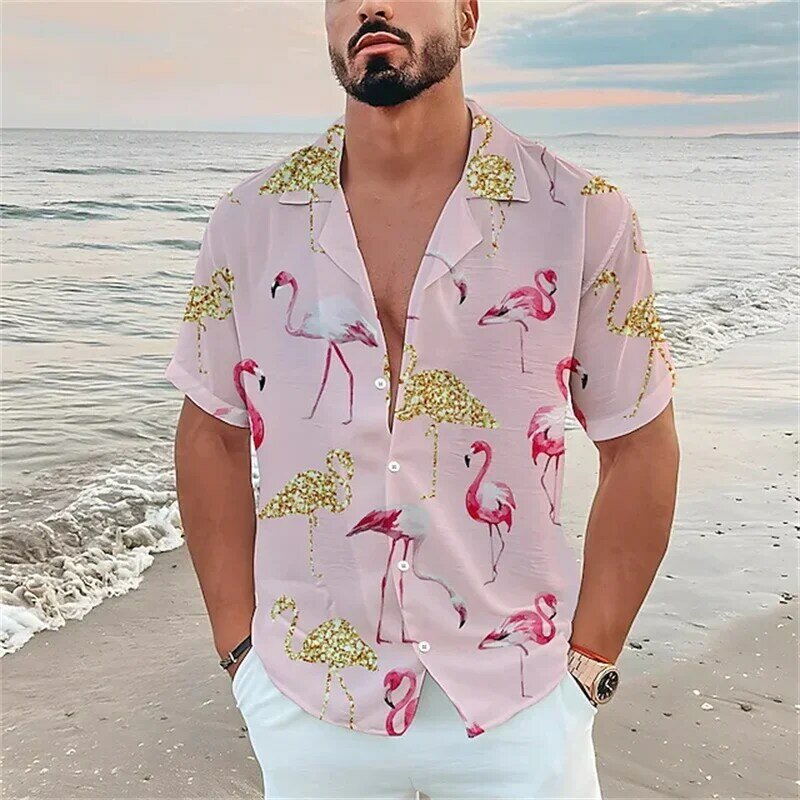 Camisa hawaiana de manga corta para hombre, camisa informal con estampado de flamenco para playa, talla grande, alta calidad, verano, 2023