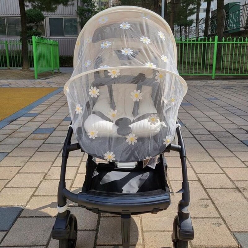 Malha mosquiteiro para carrinho de bebê, capa de proteção respirável, margarida bordada, para o verão