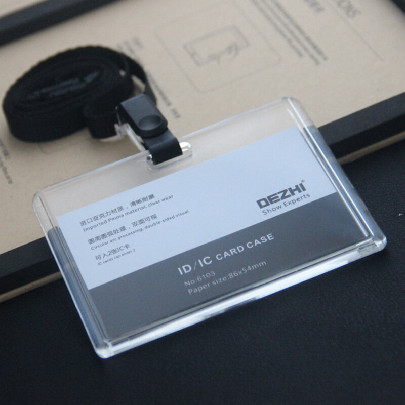 Titular do cartão de identificação acrílico transparente, Plastic Business Badge Holder com cordão, Clip Organizer, Material de escritório