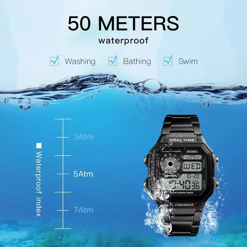 Zegarek sportowy SKMEI 1335 ze stalowy pasek nierdzewnej cyfrowy zegarek reloj hombre mężczyźni 5Bar zegarki wodoodporne