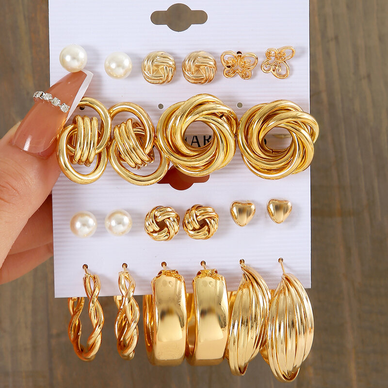 Fashion Gold Color Geometry Earrings Set For Women Vintage Elegant Butterfly Pearl Round Earrings Set Party Jewelry 2022 Trendy