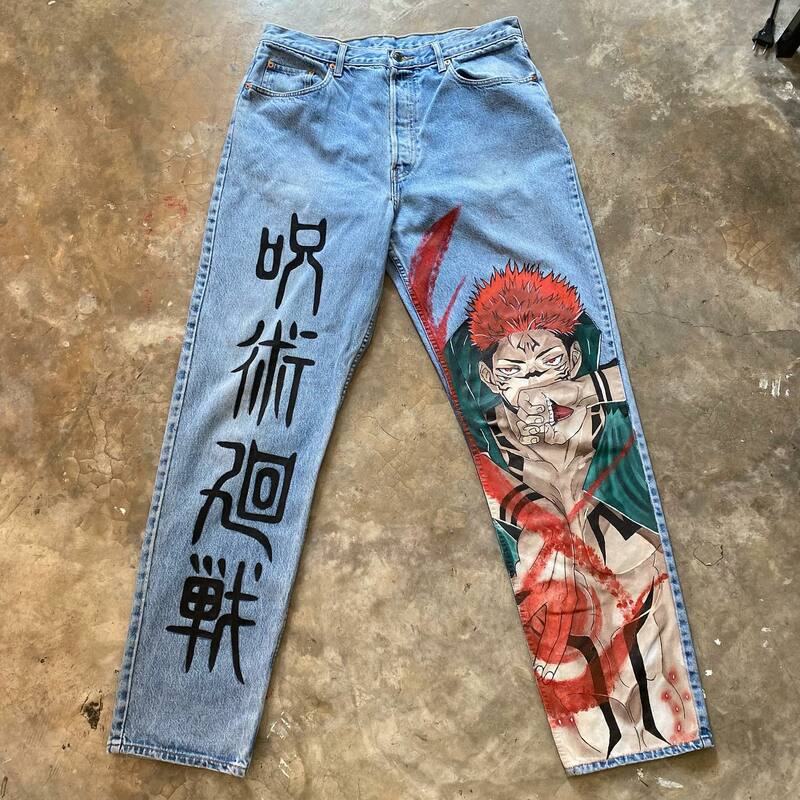 Джинсы Y2K мужские и женские с широкими штанинами, уличная одежда из искусственной кожи с рисунком аниме в стиле Харадзюку, джинсы с высокой талией в японском стиле