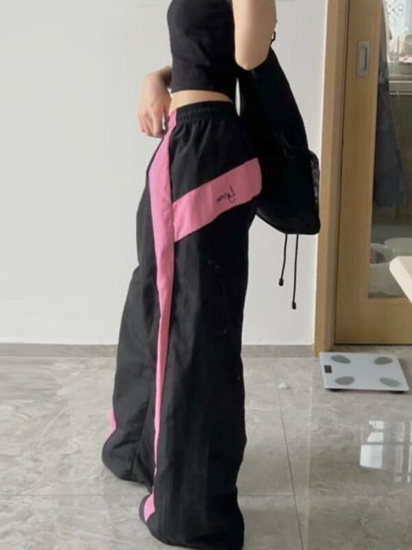 HOUZHOU-pantalones de paracaídas Y2k para mujer, pantalón de pierna ancha, estilo Hip Hop, rosa, holgado, estética coreana, ropa de calle informal de gran tamaño
