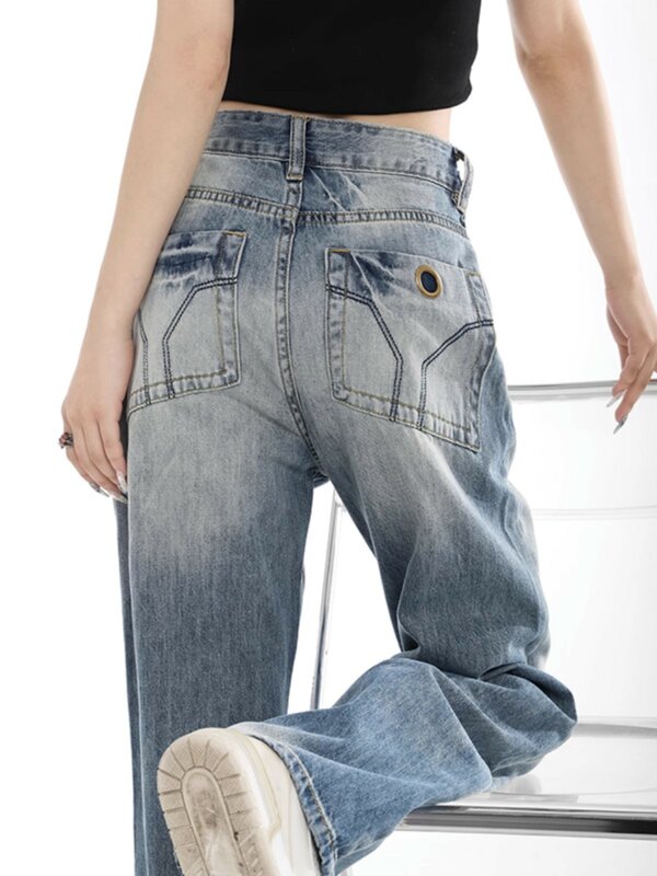 Jeans svasati alla moda a vita alta pantaloni da donna Vintage larghi sfumati di colore base pantaloni Chic autunnali in Denim di alta qualità