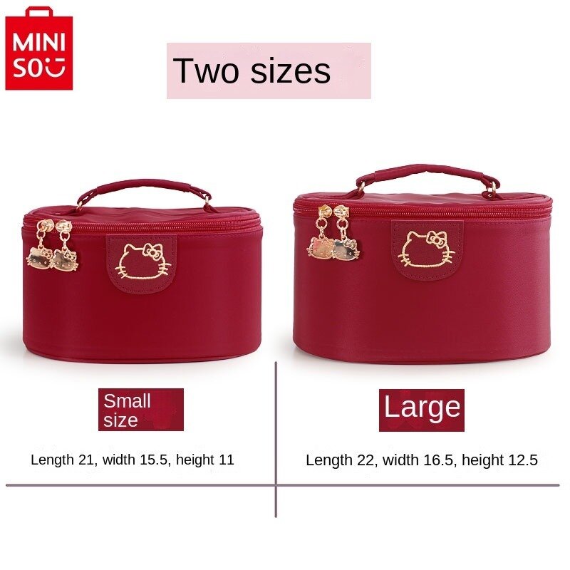 MINISO Hello Kitty Simple Solid Color Cylinder Makeup Bag Waterproof Fabric Skincare Products Storage Large Capacity Sorting Box