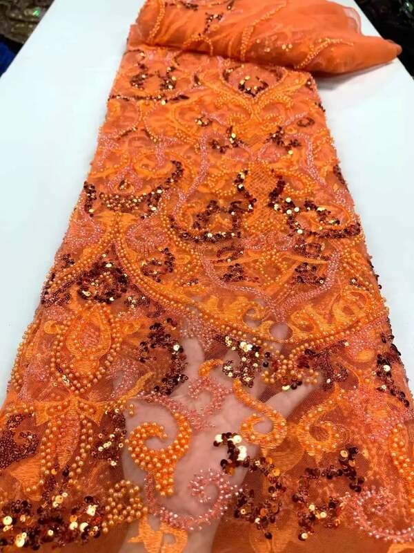 Lussuoso tessuto di pizzo nigeriano fatto a mano con perline 2023 paillettes di alta qualità ricamo in rilievo tessuto di pizzo francese africano per il vestito