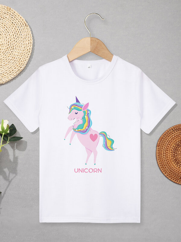 Cute Unicorn Girl Clothes Aesthetic Harajuku Fashion Kids T Shirt Short Sleeve Streetwear Outdoor Casual Summer T-shirt Cheap