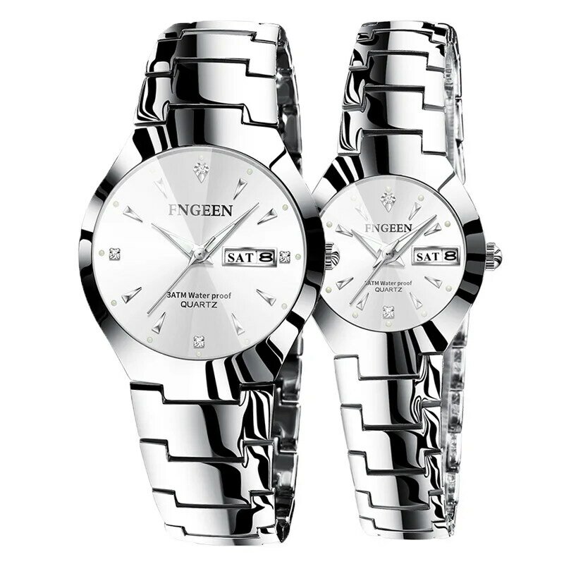 Jam tangan pasangan warna baja Tungsten, arloji wanita Ultra tipis bisnis tahan air dengan kotak
