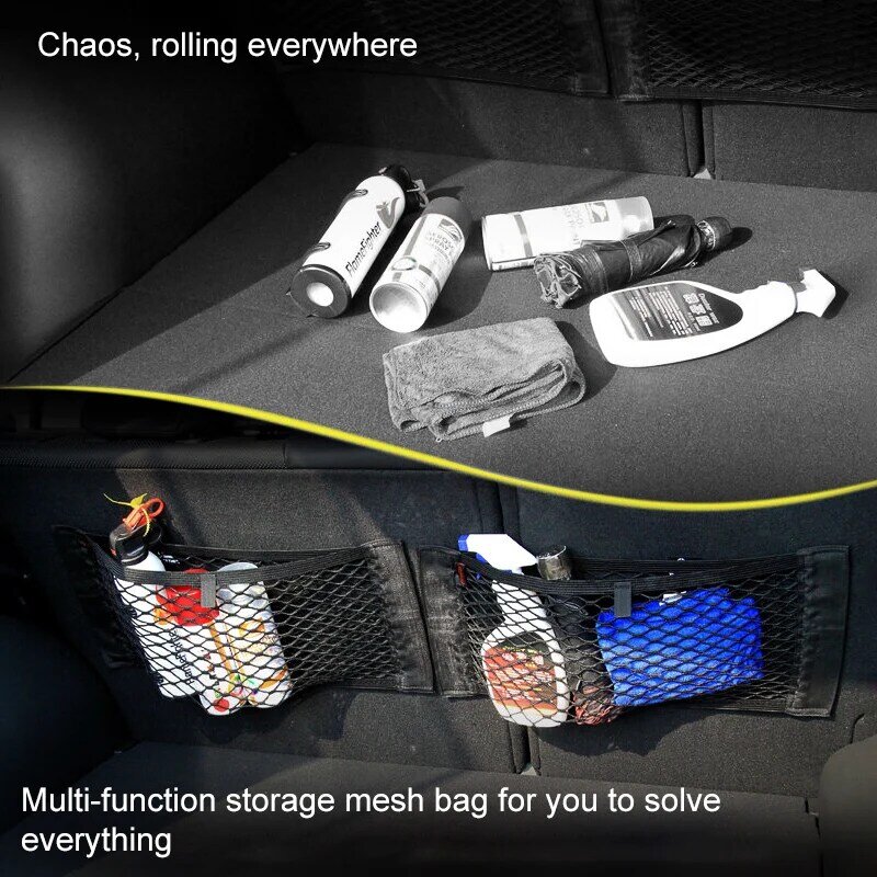 Carro Voltar Traseiro Trunk Organizador Net Mesh Seat Elastic String Magic Sticker Universal Storage Bag Pocket Auto Organizer