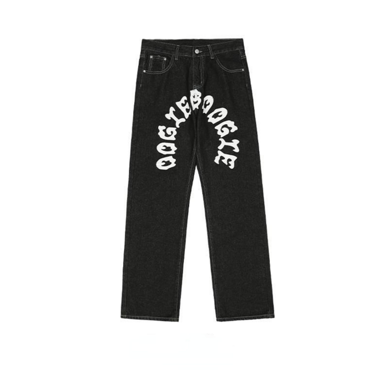 Y2K Jeans Print Huruf Pola Tengkorak Pria Celana Kaki Lurus Kasual Longgar Hip Hop Jalan Retro Gaya Amerika Baru Harajuku