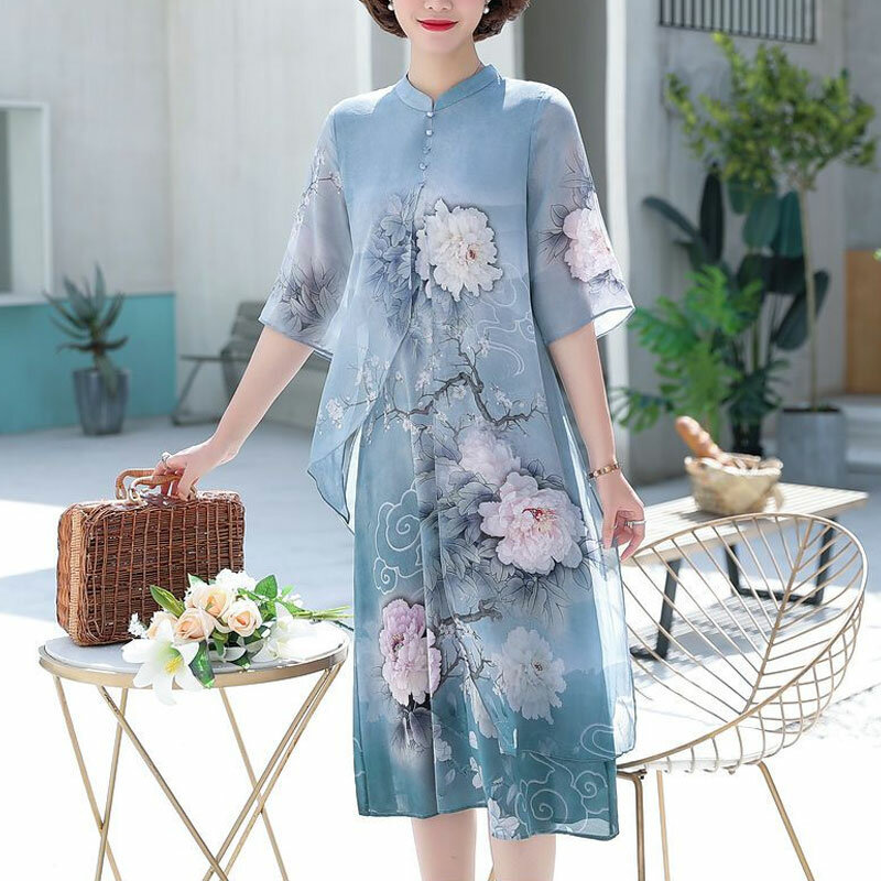 Gaun Midi motif bunga bergaya Tiongkok baju wanita kerah berdiri lengan setengah musim panas mode gaun disambung asimetris