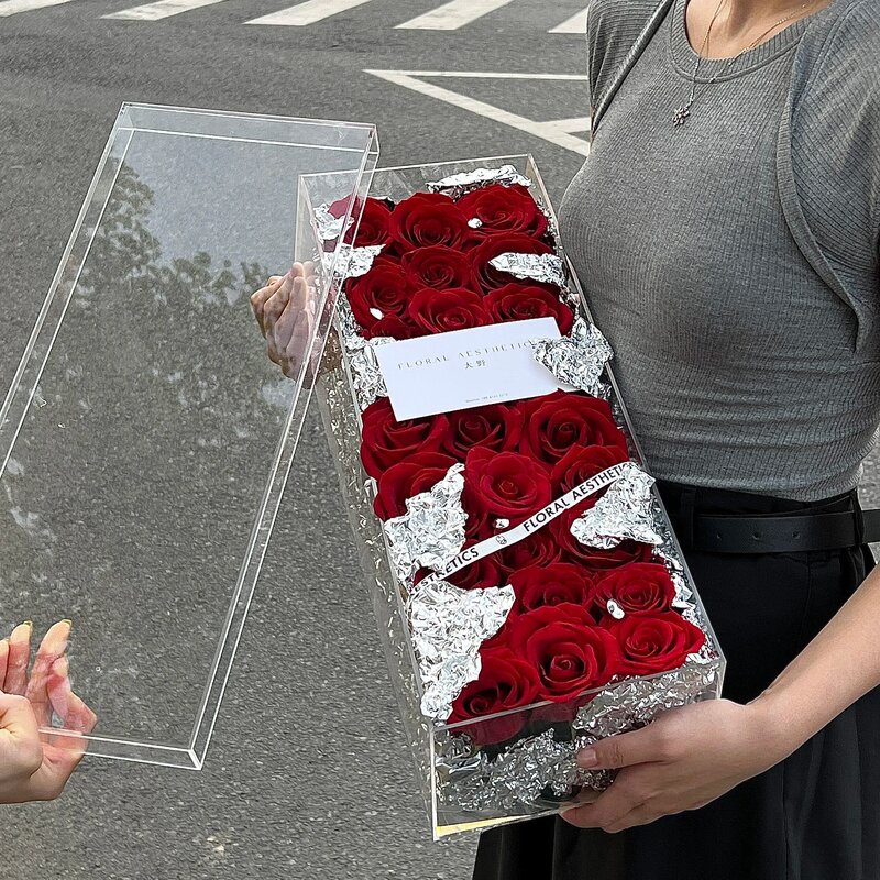 Kotak kemasan bunga mawar panjang akrilik transparan, 1 buah kotak kemasan Hari Valentine motif bunga mawar