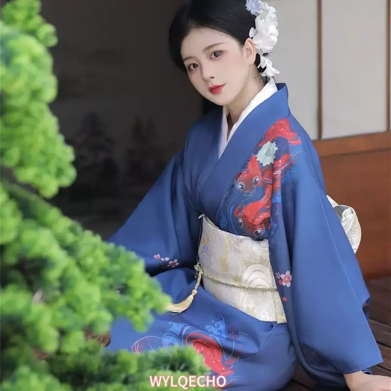 Japońska tradycyjna suknia Kimono z Obi Print kwiatowe zwiewne sukienki kostium kobiet gejsza pań Haori Yukata suknia Kimono garnitur