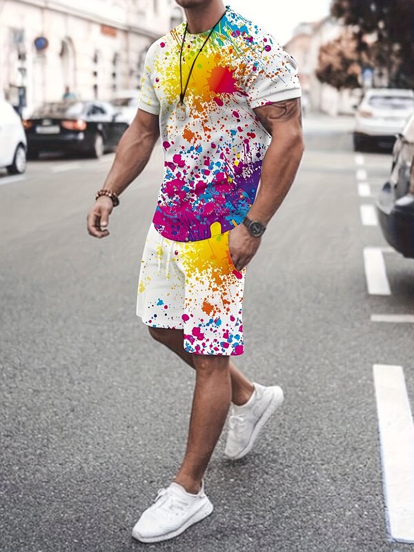 Костюм мужской летний, одежда цветная в горошек с ярким принтом, Спортивная уличная Летняя мужская одежда, уличный домашний стиль