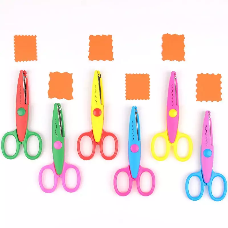Mr.paper gunting renda sederhana 6 gaya, gunting alat tulis seni siswa khusus anak-anak kepala bulat kecil pola bergelombang