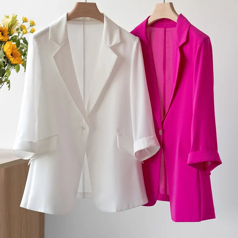 Women Solid Blazers Coat Fashion Slim Suits Female Casual Three-Quarter Sleeve Chic Tops Thin Office Lady Blazer Spring Summer