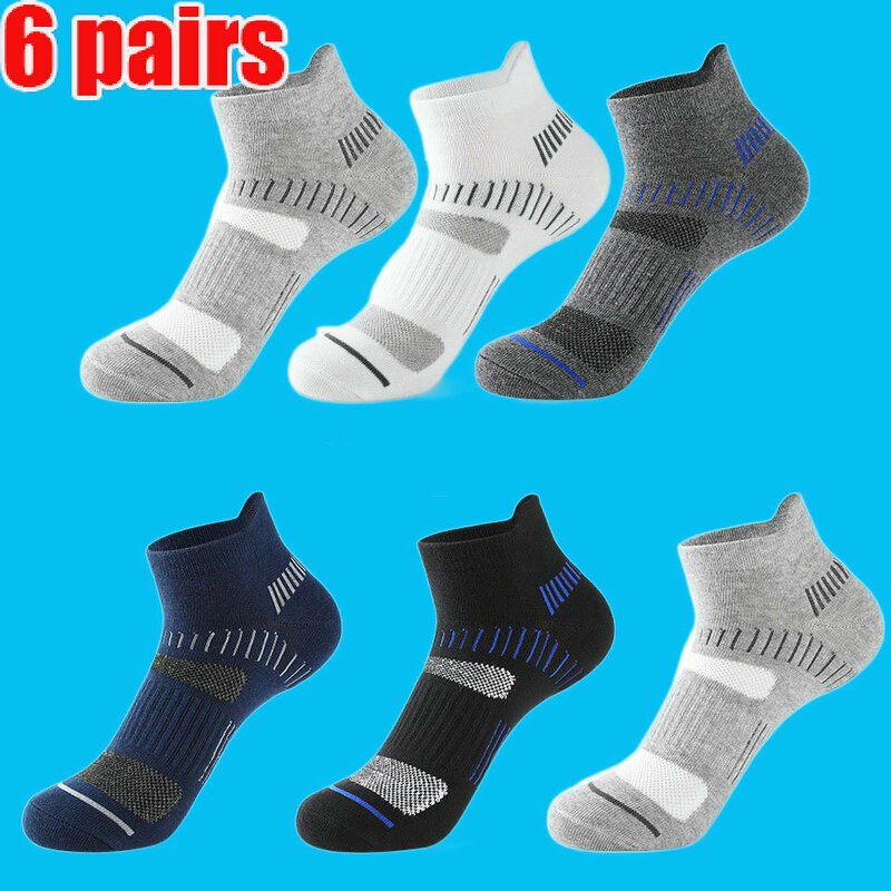 Meias atléticas de tornozelo almofadadas masculinas, cintura baixa, meias esportivas, mistura de algodão, respirável, confortável, moda, 6 pares