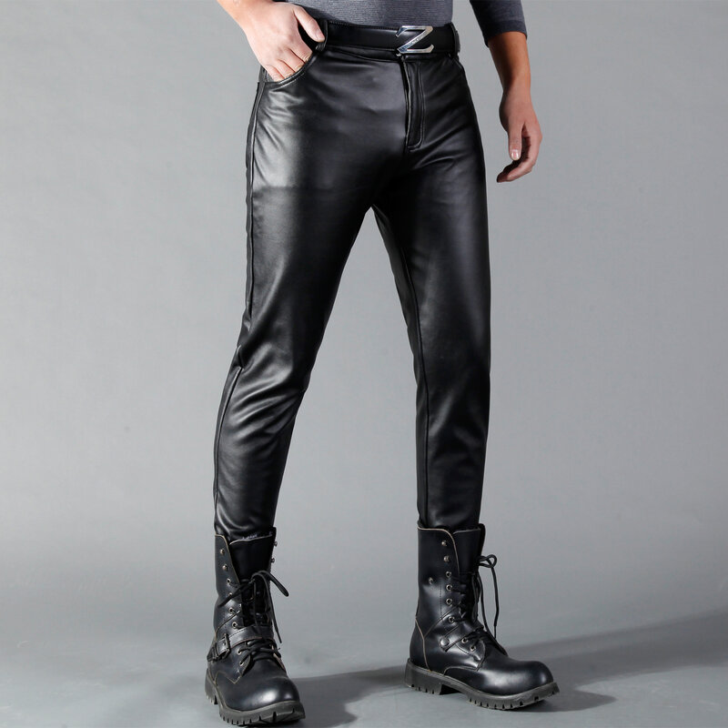 Thoshine-Skinny Fit calças elásticas de couro PU para homens, motocicleta e motociclista, streetwear fino, marca de moda