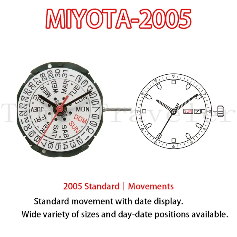 Movimentos-Movimento Relógio Miyota, Dia e Data de 3 Mãos, Movimento Padrão, Tamanho 6 3/4 × 8 pol, Altura 4.15mm, 2005