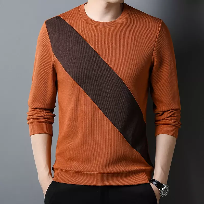 Sweter pria leher bulat, Sweater trendi kustom mode harian nyaman dengan bagian bawah berwarna