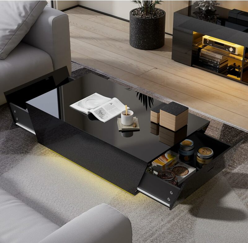 Cozy Castle High Gloss Coffee Table with LED, Modern Center Table with 2 Large Hidden Storage Drawers for Living Room, Black, 47