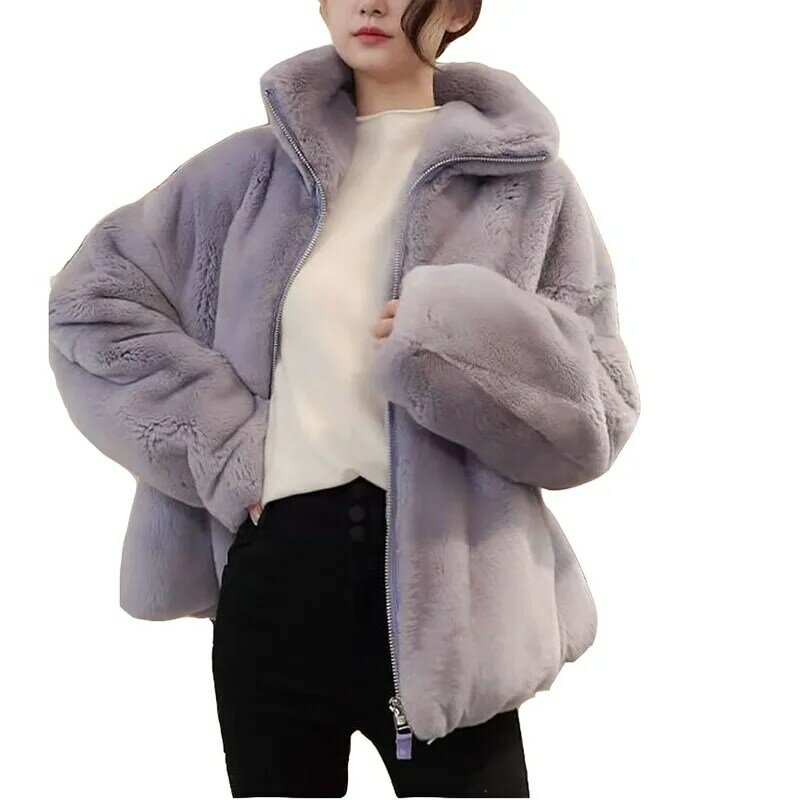 Kobiety koreańska wersja luźny, gruby damskie puszyste futro nowy ciepła moda imitacja futro królika Rex stójka damskie futro