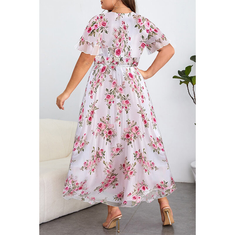 Vestido largo informal de gasa con estampado Floral, talla grande, color rosa, cuello en V