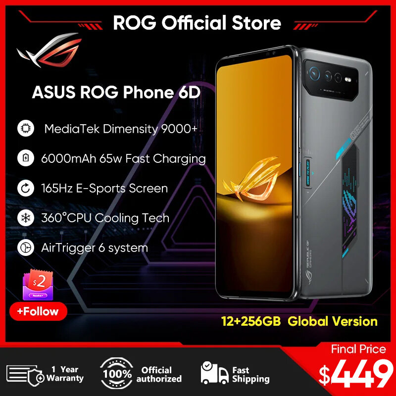 Ponsel ASUS ROG 6D, HP MediaTek Dimensity 9000 + 165Hz layar e-sport baterai 6000mAh pengisian daya Cepat 65W ROG 6D