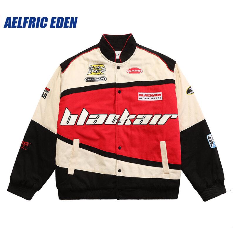 Aelfric Eden BLACKAIR-Chaqueta de Motosports Vintage, abrigos de retazos de bloque de Color bordado, ropa de calle, chaquetas de carreras informales Harajuku