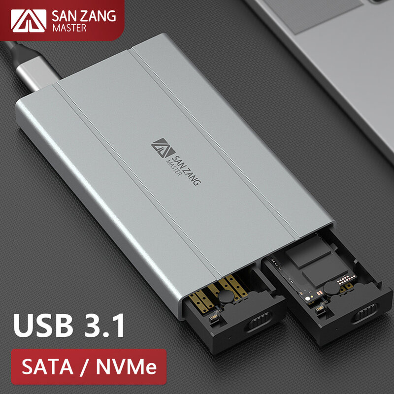 SANZANG 듀얼 프로토콜 M2 SATA NVMe SSD 케이스, USB A 3.0, C 타입 외장 HD 하드 드라이브 디스크 인클로저, M.2 하우스 스토리지 박스, USB3
