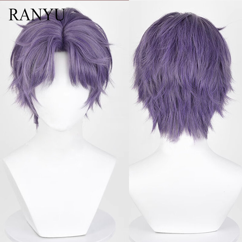 RANYU-Peruca roxa curta sintética para homens, cabelo resistente ao calor, parte média, cosplay de anime, fofo, festa