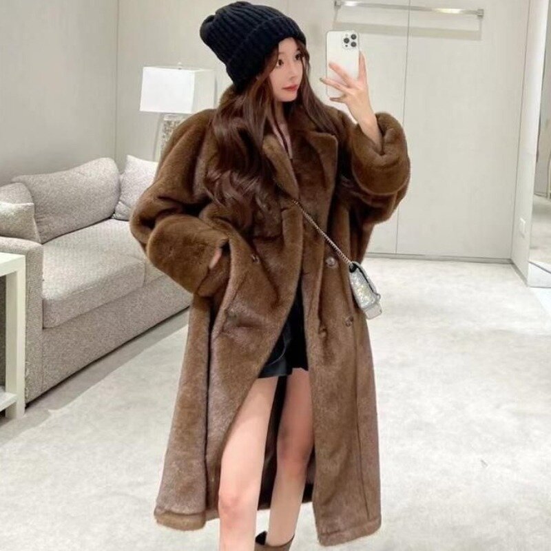 Женское пальто из искусственного меха норки, зимнее плотное теплое двубортное пальто из искусственного меха, длинная облегающая модная повседневная верхняя одежда, новинка 2023