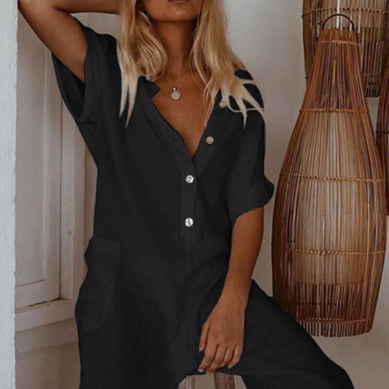  Summer New Cotton Linen Casual Wide-leg Jumpsuits Women Solid Loose Buttons High Waist Rompers One Piece Outfit Oversize