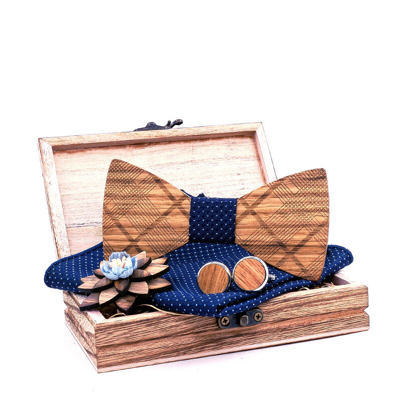 Elegant Mens Wooden Bow Tie Bule Brooches Pin Cufflinks Wedding Daily Office Party Accessori Butterfly Bowtie Slim Suit Set 2022