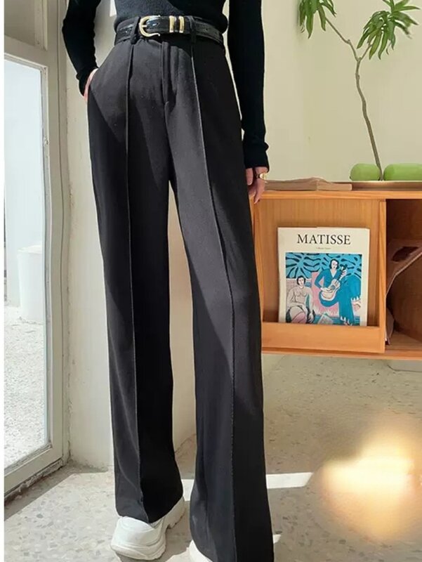 Pantalones de verano para mujer, pantalón holgado negro, recto, informal, de cintura alta, sólido, coreano, novedad de 2024