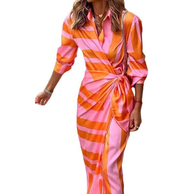 Vestido de fiesta informal a rayas para mujer, traje de longitud media con Cuello de camisa estampado, a la moda, novedad de 2023