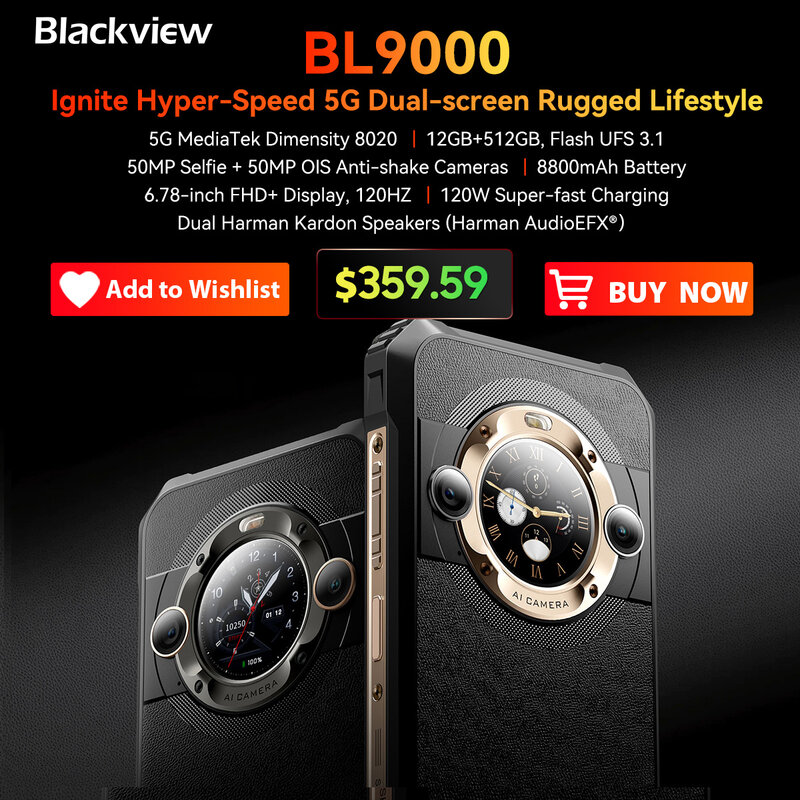 Подкрепленный смартфон Blackview BL9000 5G 6,78 дюйма 2,4K экран 12+12 ГБ RAM, 512 ГБ ROM телефон 50 MP 8800 мАч с зарядным устройством 120 Вт двойной дисплей