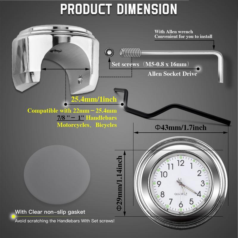 Motorcycle Clock Aluminum Alloy Waterproof Accurate Handlebar Clocks Fit 22-25.4mm Handlebar Riding Accessories Anti-Slip