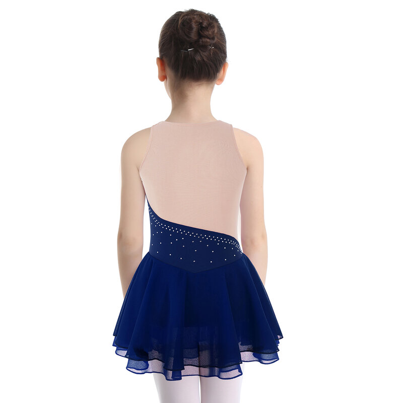 Kids Girls Figure Skating Dance Dress Ballet Tutu Gymnastics Costume Sleeveless Shiny Rhinestone Mesh Leotard Dress Dancewear