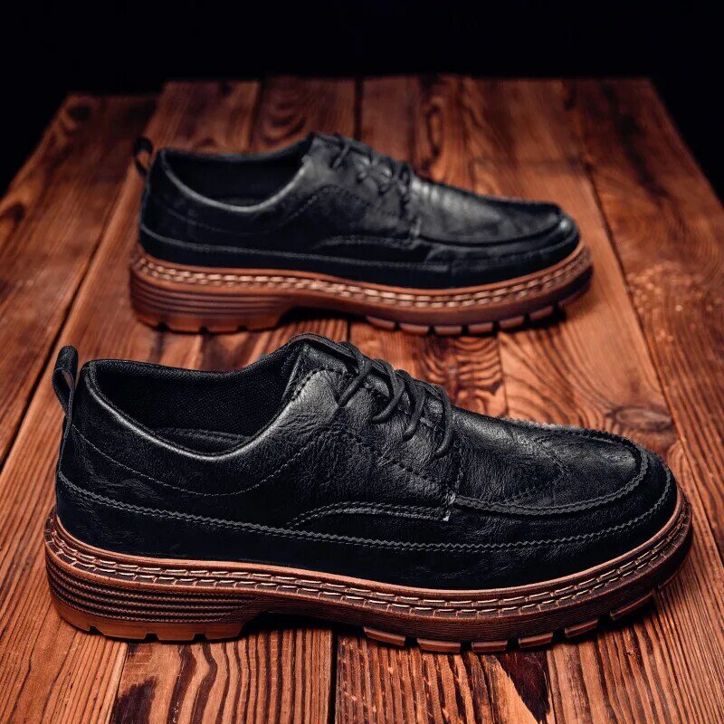 جديد الرجال الجلود موضة الأعمال سميكة أسفل حذاء كاجوال كلاسيكي ريترو الدانتيل متابعة أوكسفورد الأحذية