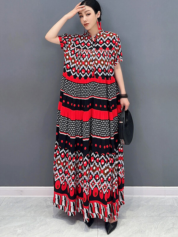 SHENGPALAE Printed Hundred Pleated Long Dress With Large Swing 2024 Spring Summer New Short Sleeves Loose Robe Clothes 5R9717