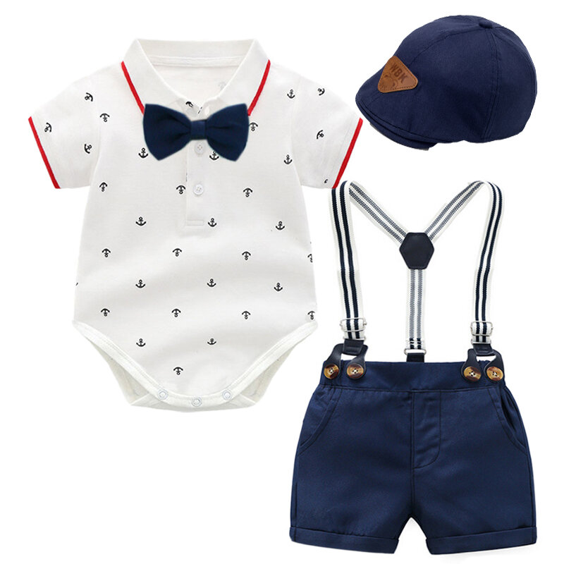 2024 noworodek chłopiec ubrania garnitur z kapeluszem krótkie rękawy chłopięce śpioszki stroje zestaw bawełniany drukowane niemowlęce dzieci letnie ubrania
