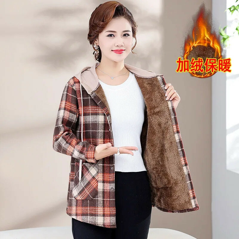 Spring Autumn Winter Add Velvet Korean Casual Plaid Coat Cardigan Hooded Loose Long Sleeved Shirt Jacket Women's Outerwear 2024