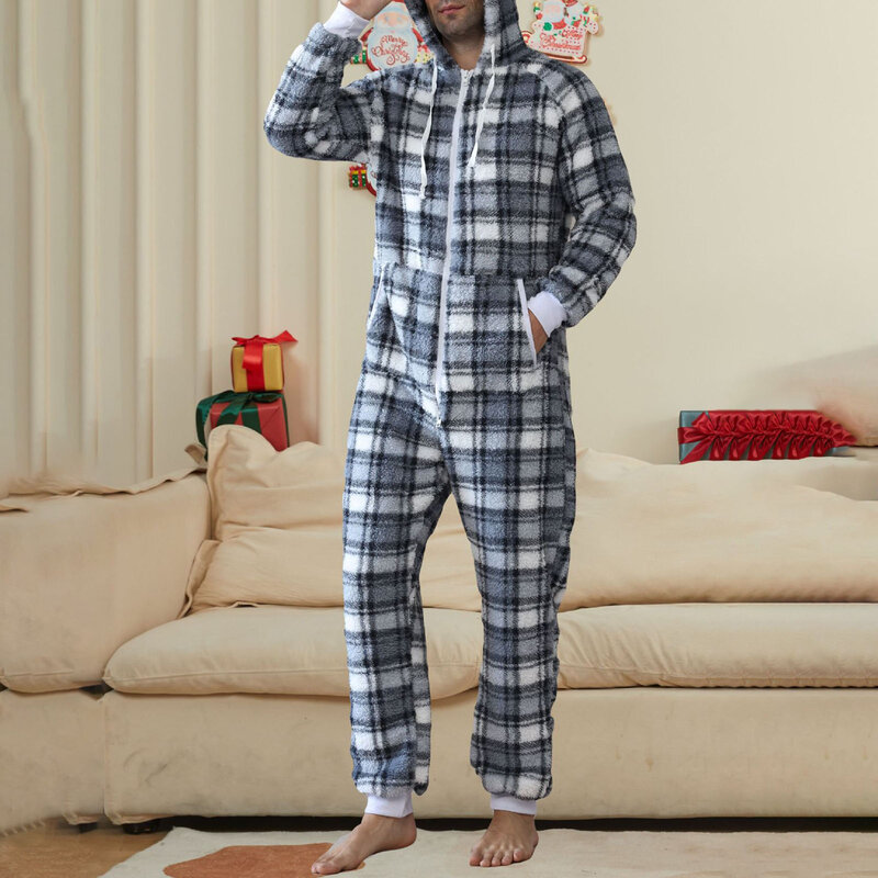Macacão com capuz masculino, pijama de lã reversível, roupa de dormir xadrez, manga longa, gola V, macacão com zíper, loungewear, quente, outono, inverno