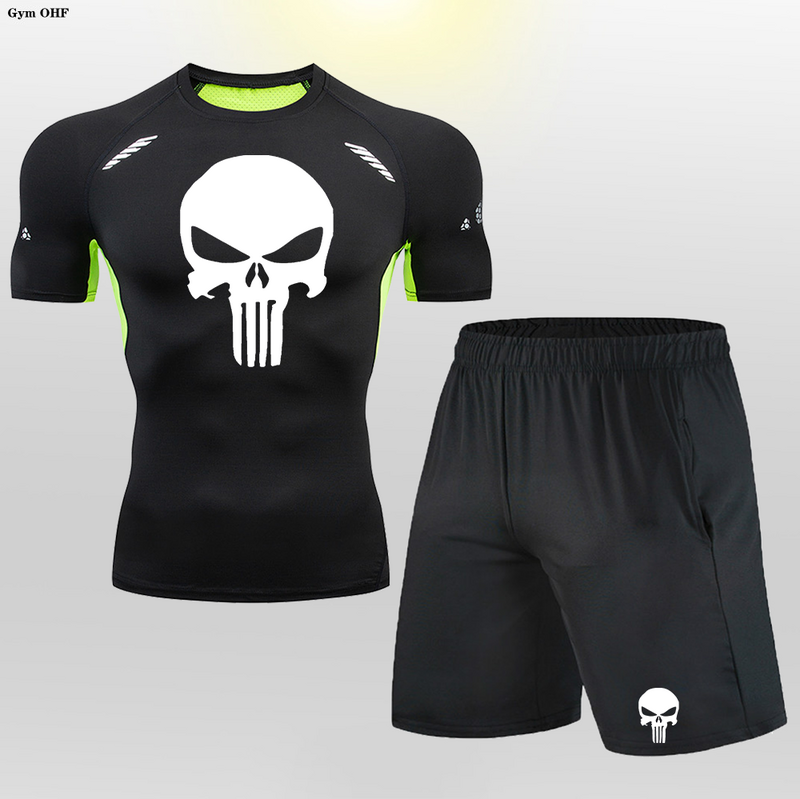 Anime Skull Rashgard Men T Shirt Shorts Sets Compression Shrts Short Tracksuit Mens Gym Running Training Fitness Sportswear